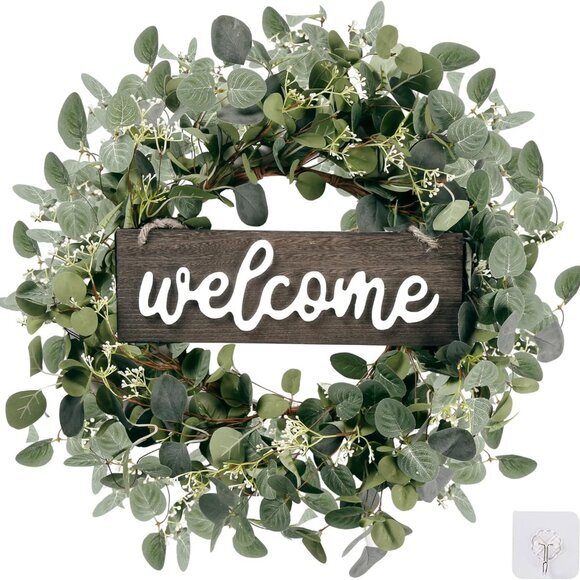 Green Eucalyptus Leaf Wreath Welcome‎ Sign 20in Art for Front Door Wall Window - Picture 1 of 6